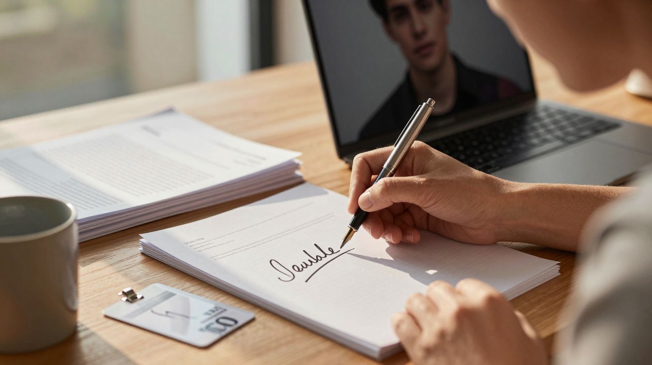 Pessoa a assinar documento numa mesa com um computador portátil e caneca ao lado.