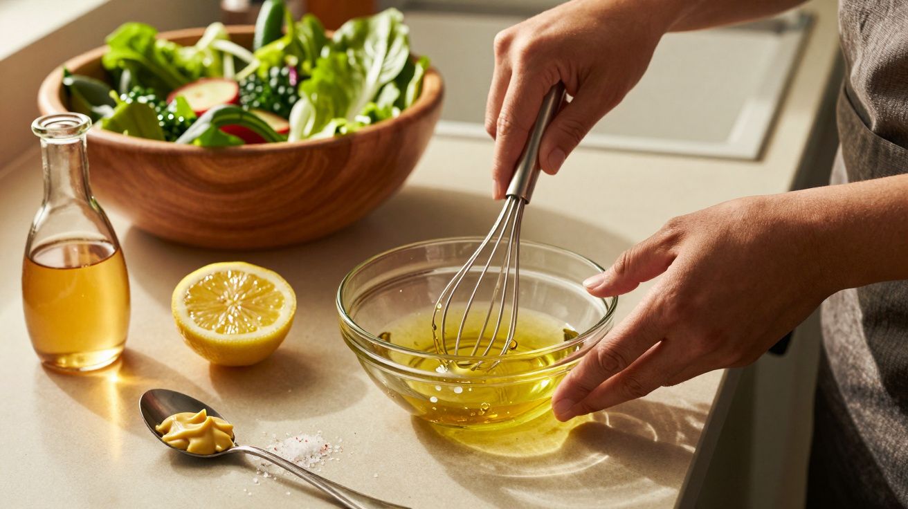 Mãos a bater molho numa taça com varinha, limão cortado, azeite, mostarda e sal na bancada da cozinha.