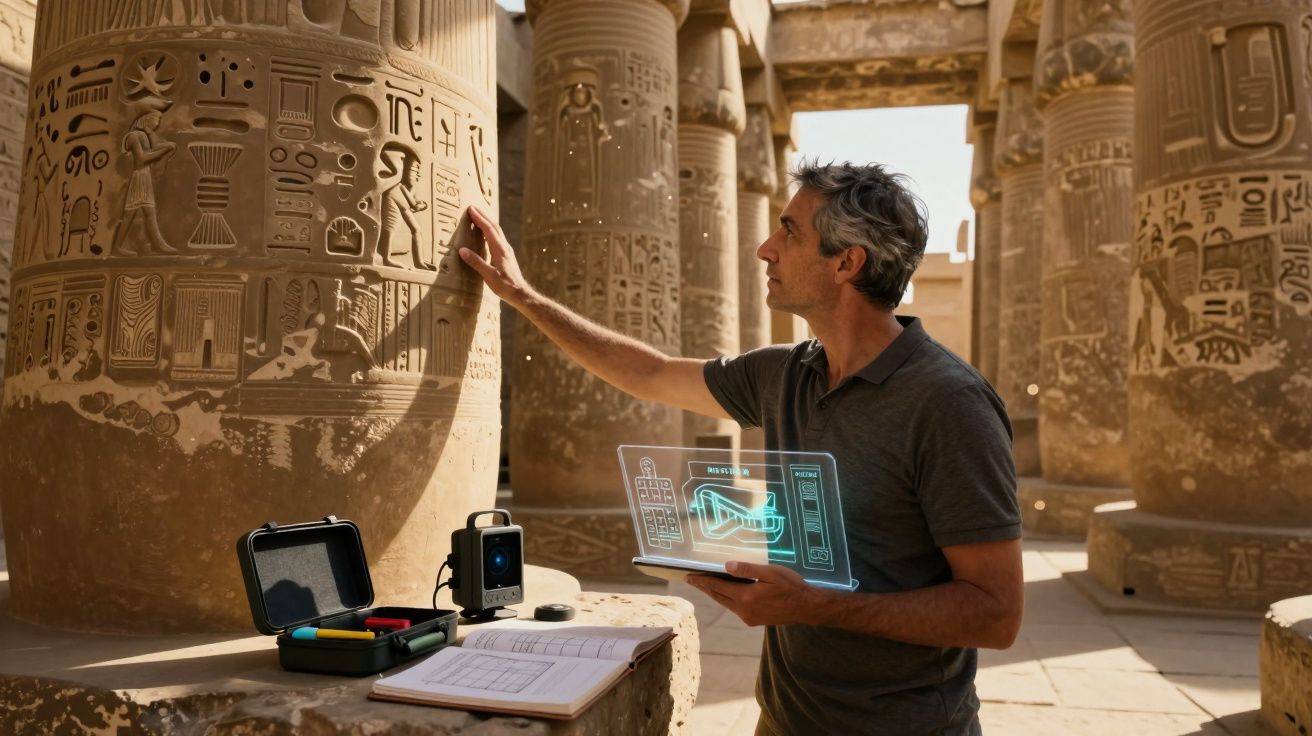 Homem a analisar hieróglifos em colunas antigas com equipamento tecnológico em sítio arqueológico.
