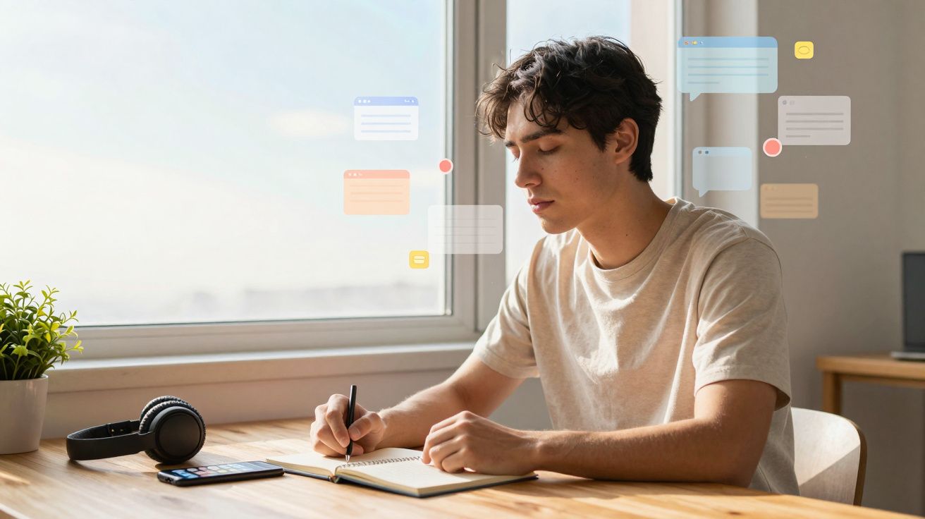 Jovem sentado a escrever num caderno, com auriculares, telemóvel e janelas de chat flutuantes à volta.