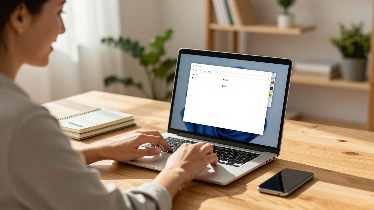 Pessoa a utilizar computador portátil num ambiente de trabalho com caderno e telemóvel numa mesa de madeira.
