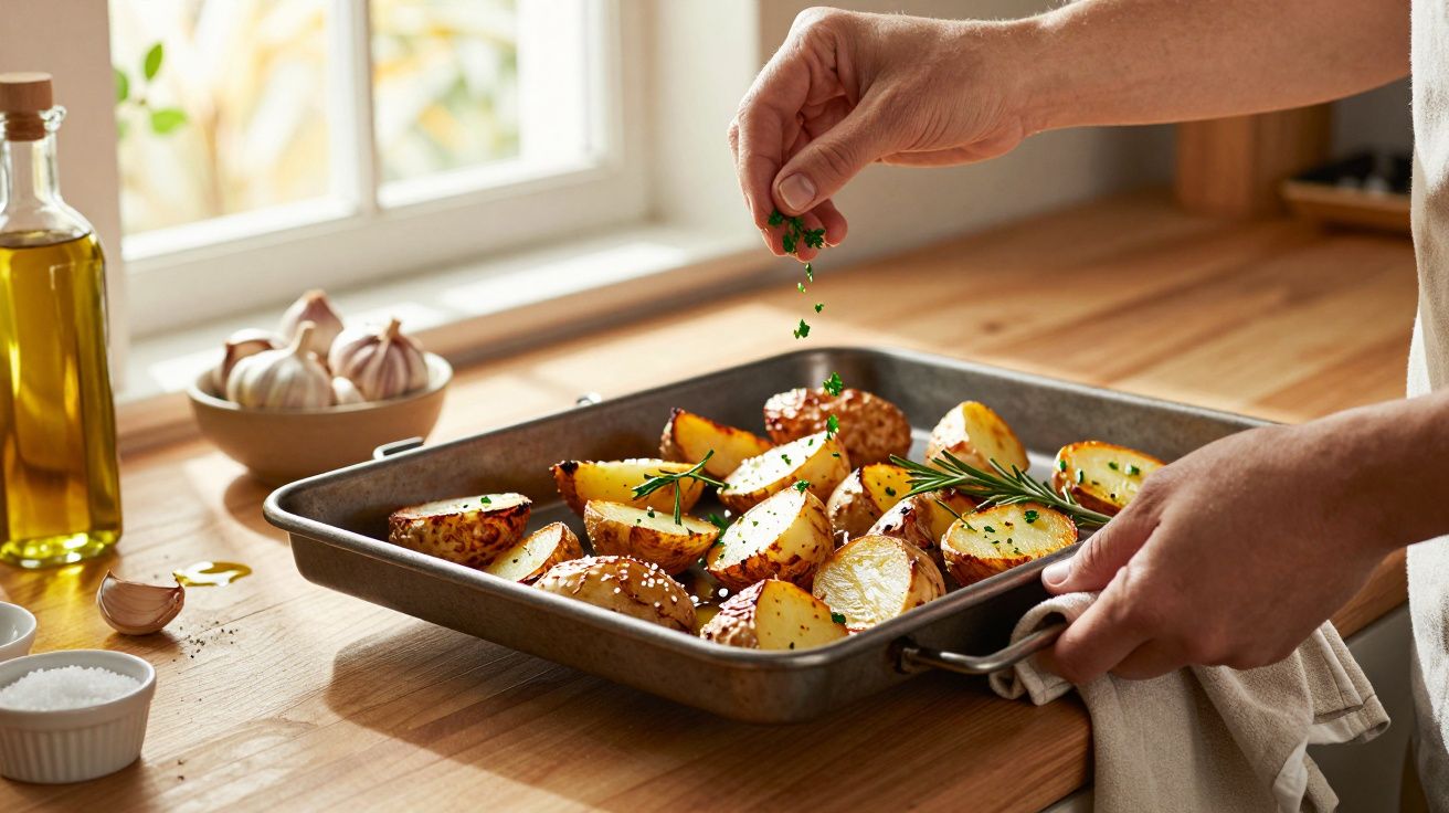 Pessoa a polvilhar ervas frescas em batatas assadas num tabuleiro metálico numa cozinha iluminada.