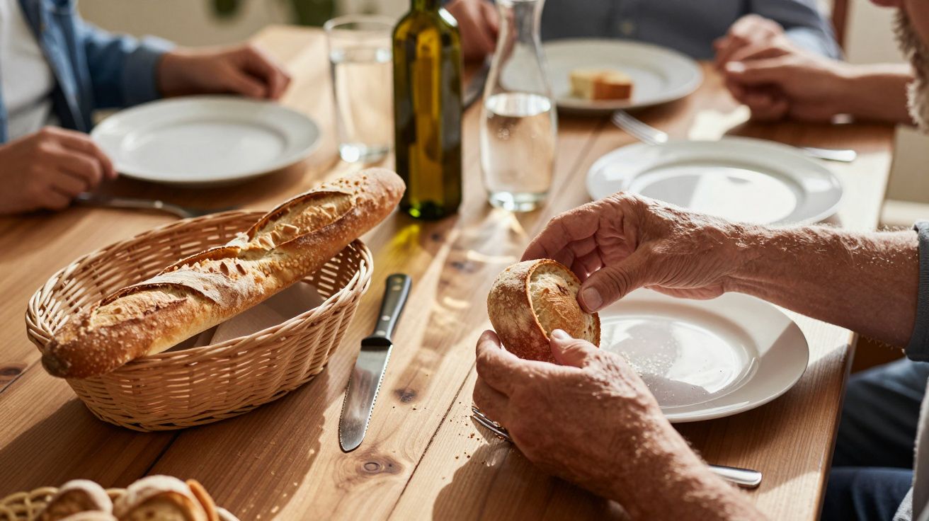 Pessoas à mesa com pão, copos de água e garrafas, numa refeição em ambiente acolhedor e familiar.