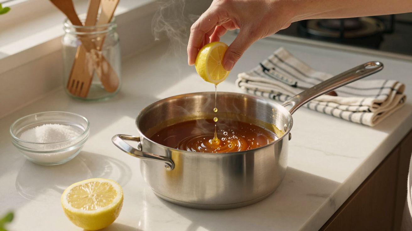 Mão a espremer limão sobre panela com molho quente numa cozinha iluminada, com sal e utensílios ao lado.