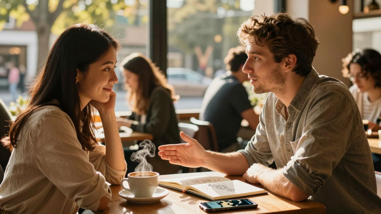 Casal conversa animadamente numa cafetaria, com chá quente e livro aberto sobre a mesa em madeira.