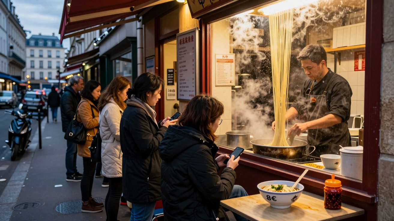 Clientes à espera e sentado numa tasca asiática de rua onde o cozinheiro prepara noodles fumegantes.