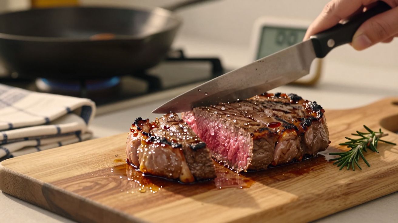 Bife suculento mal passado a ser cortado com faca sobre tábua de madeira na cozinha.