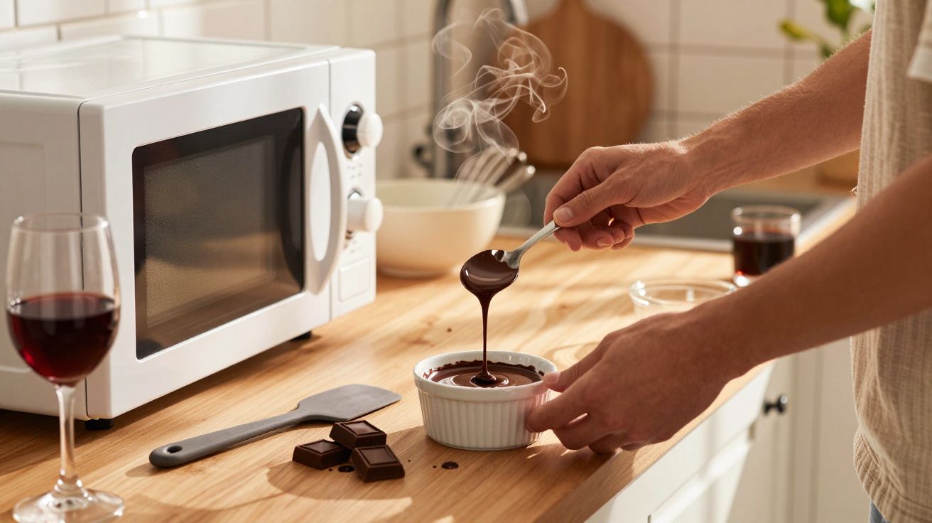 Mãos a verter chocolate derretido numa taça branca numa cozinha com micro-ondas e copo de vinho tinto.
