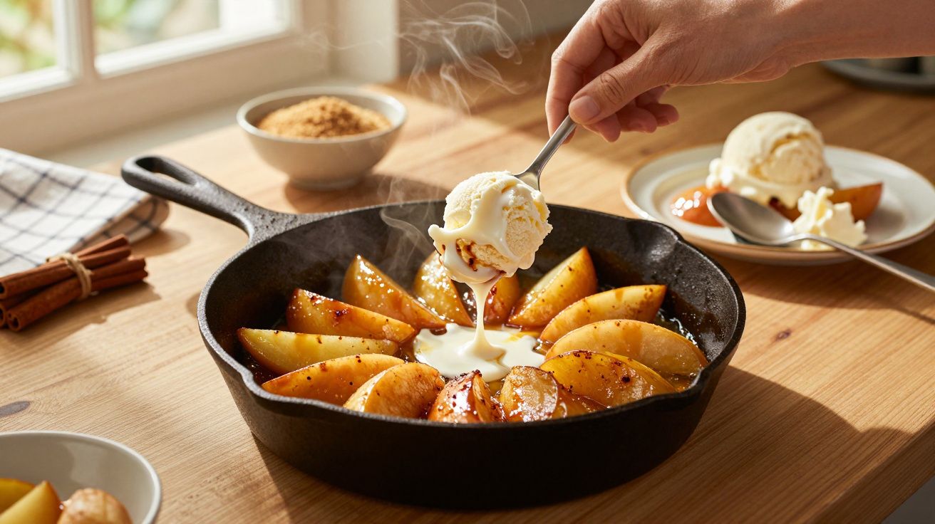 Mãos a colocar bola de gelado sobre maçãs caramelizadas numa frigideira preta numa mesa de madeira.