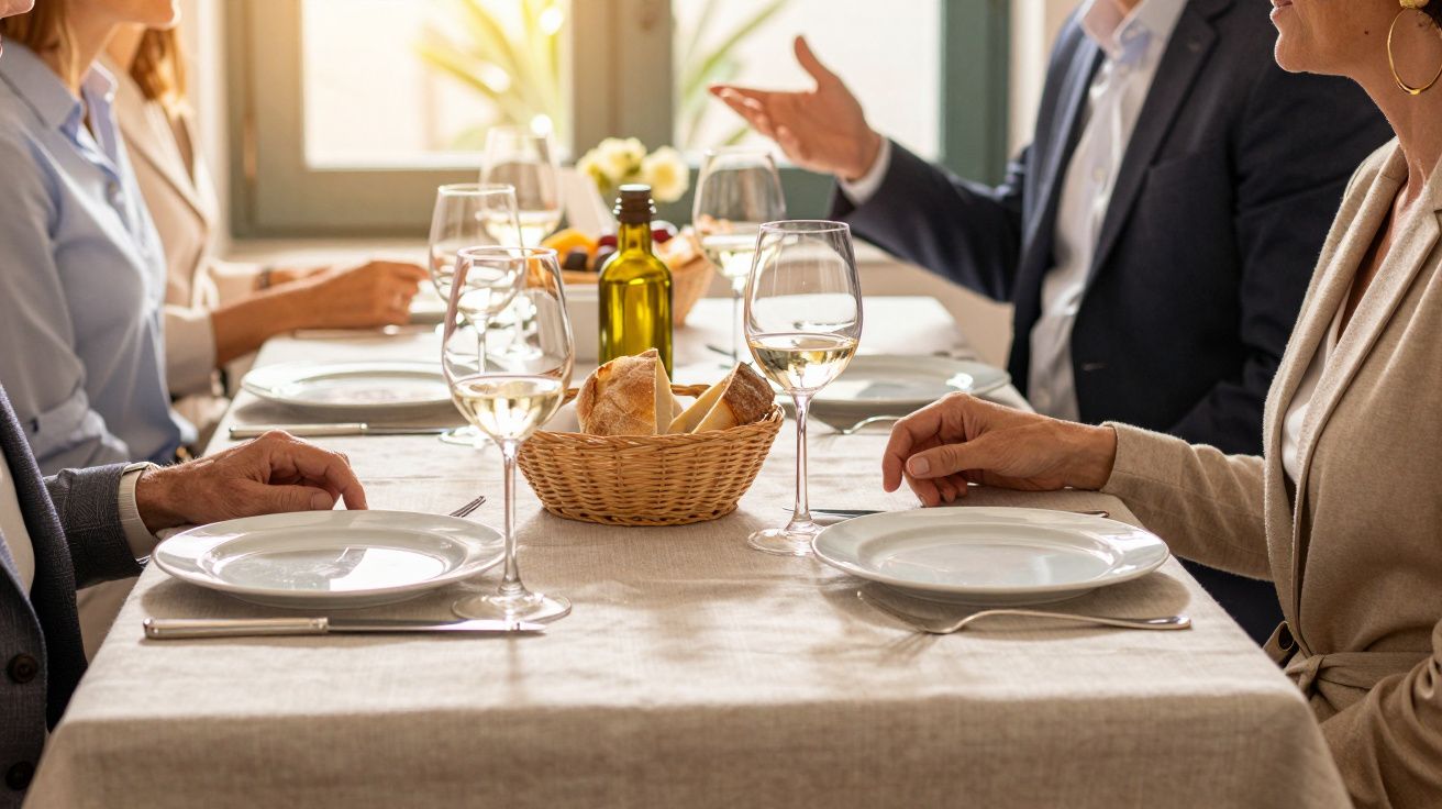 Mesa posta com pão, copos de vinho branco, azeite e pessoas a conversar num almoço elegante.
