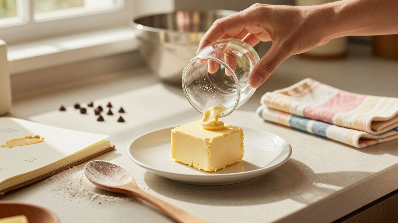 Mão a verter manteiga derretida de um copo para um prato com um bloco de manteiga na bancada da cozinha.