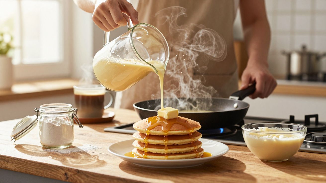 Pessoa a verter molho quente sobre uma pilha de panquecas com manteiga na cozinha.