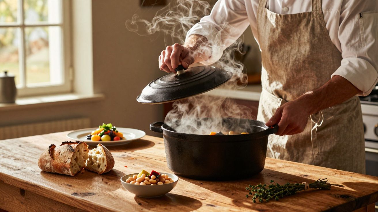 Pessoa a levantar tampa de panela fumegante numa cozinha rústica com pão, grão-de-bico e ervas.