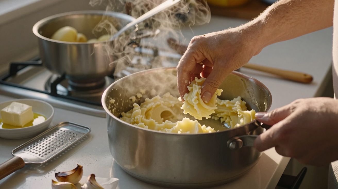 Mãos a cozinhar massa em forma de anel numa panela de aço inox com vapor a sair.