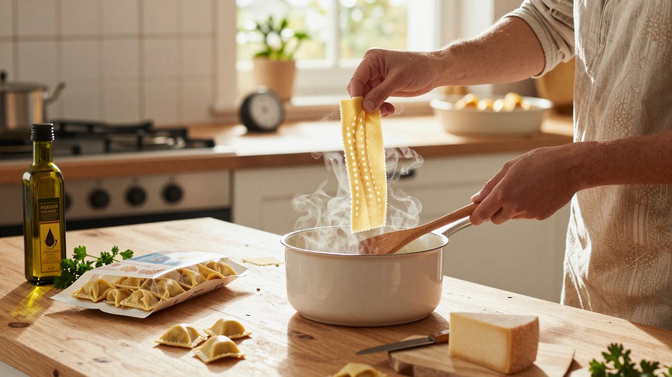 Pessoa a cozinhar massa fresca num tacho branco numa cozinha iluminada e acolhedora.