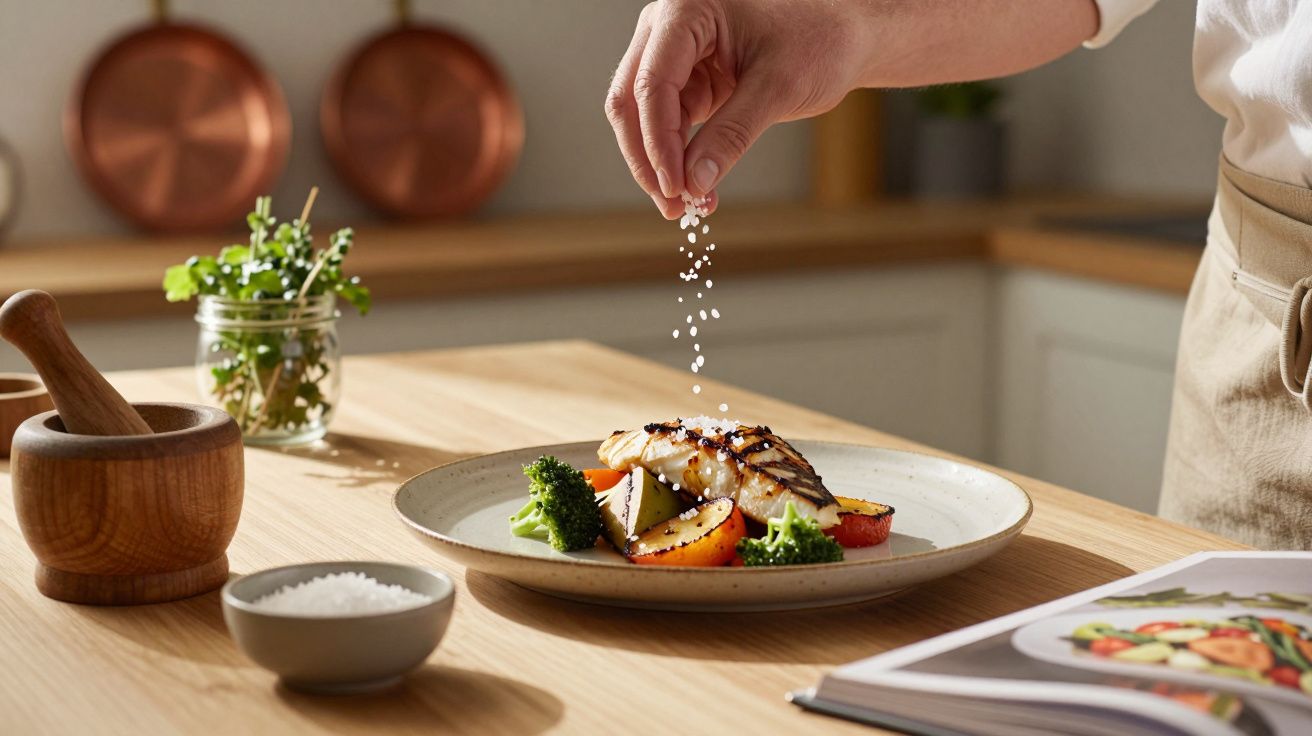 Mão a polvilhar sal num prato com peixe grelhado, legumes e ervas numa cozinha iluminada.