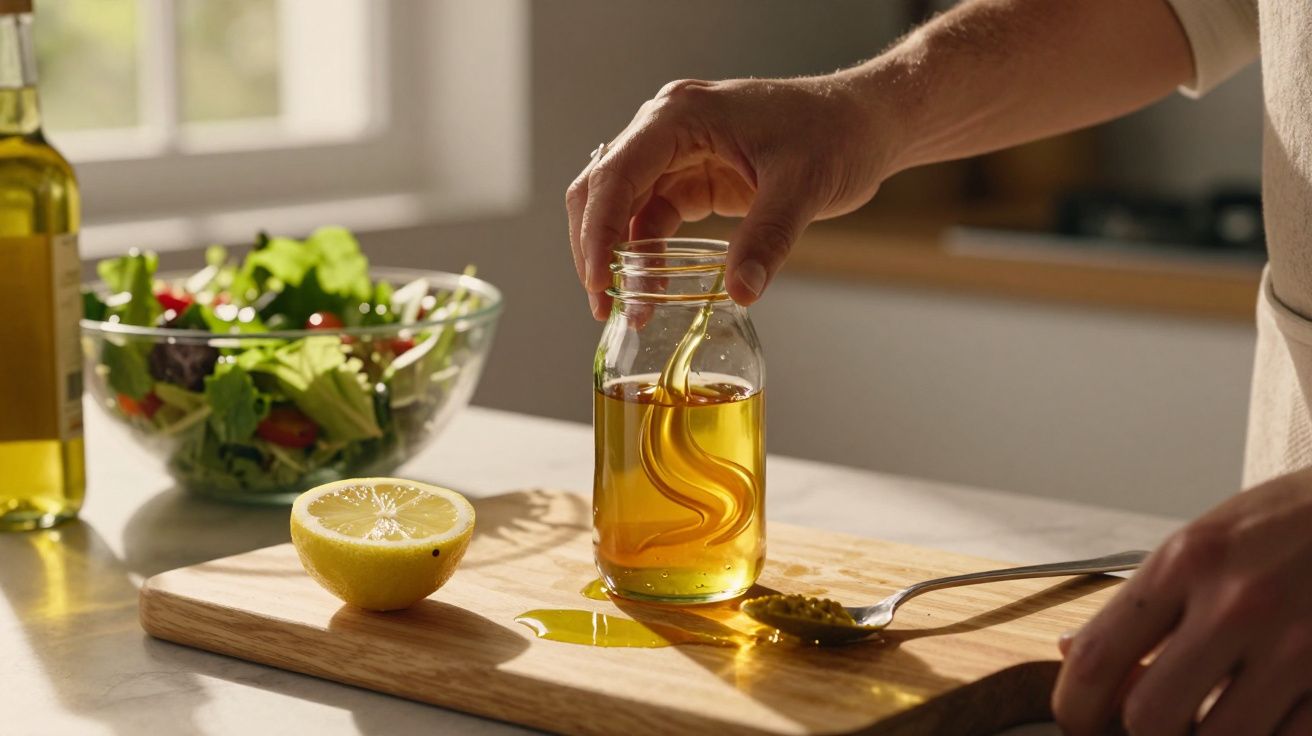 Mão a colher azeite de um frasco para temperar salada, com limão e tigela de verduras ao fundo.