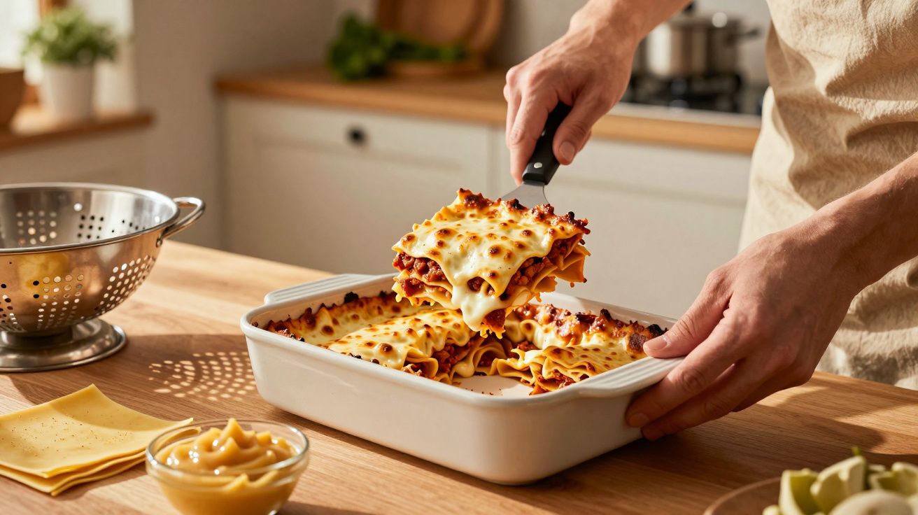 Pessoa a servir lasanha caseira numa assadeira branca numa cozinha iluminada.