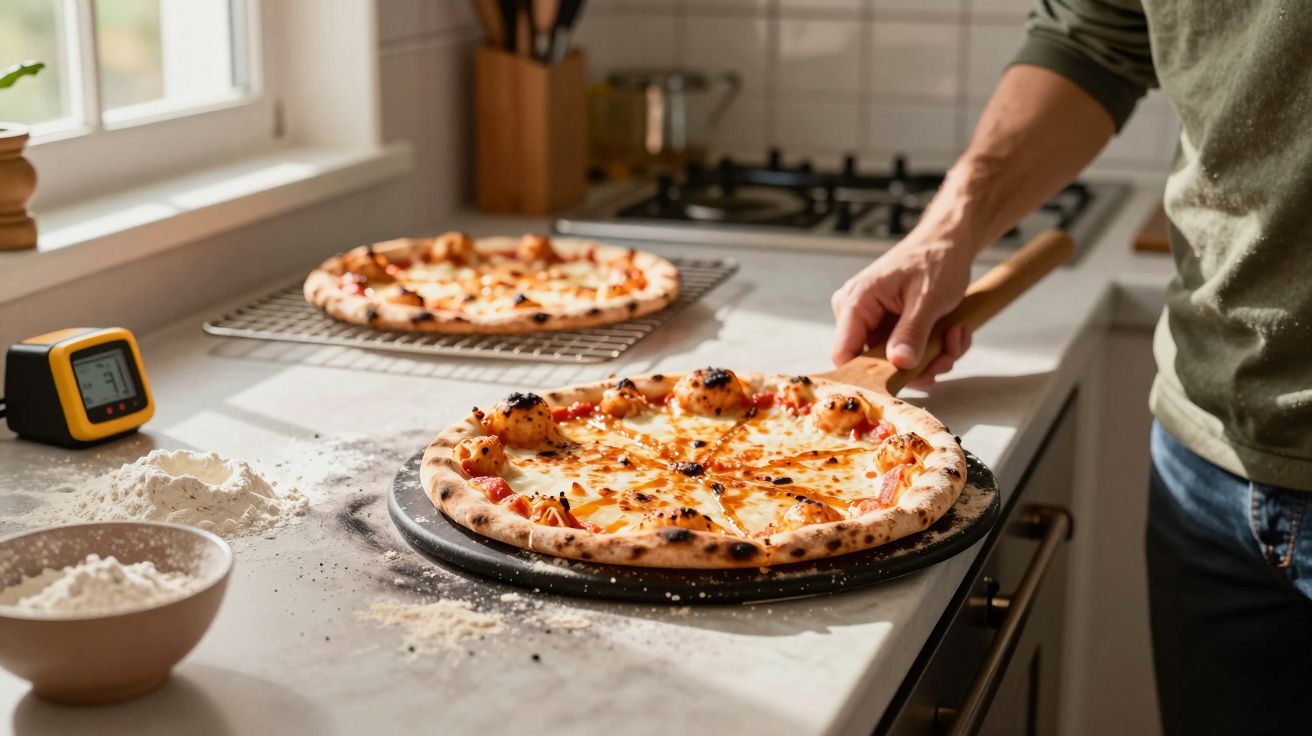Pessoa a retirar pizza acabada de cozer de pedra própria na cozinha bem iluminada com farinha espalhada.