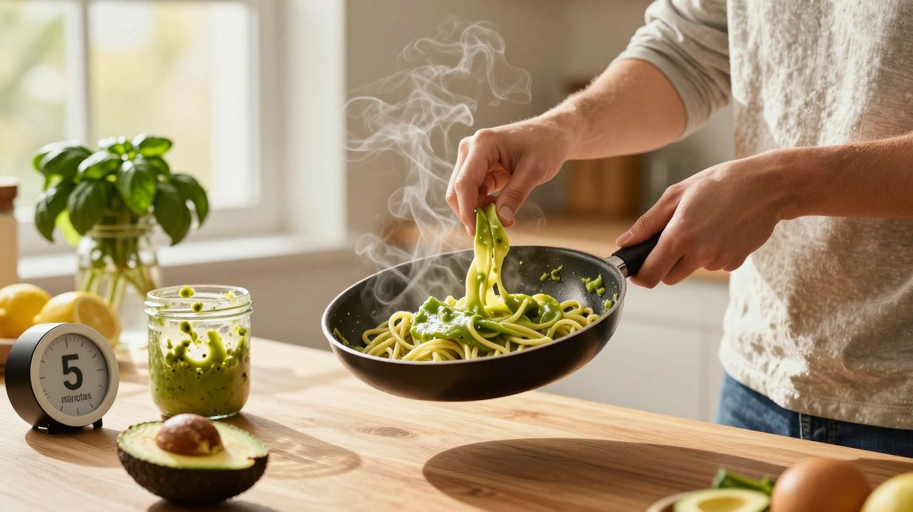 Pessoa a cozinhar esparguete com molho de abacate numa frigideira numa cozinha iluminada.
