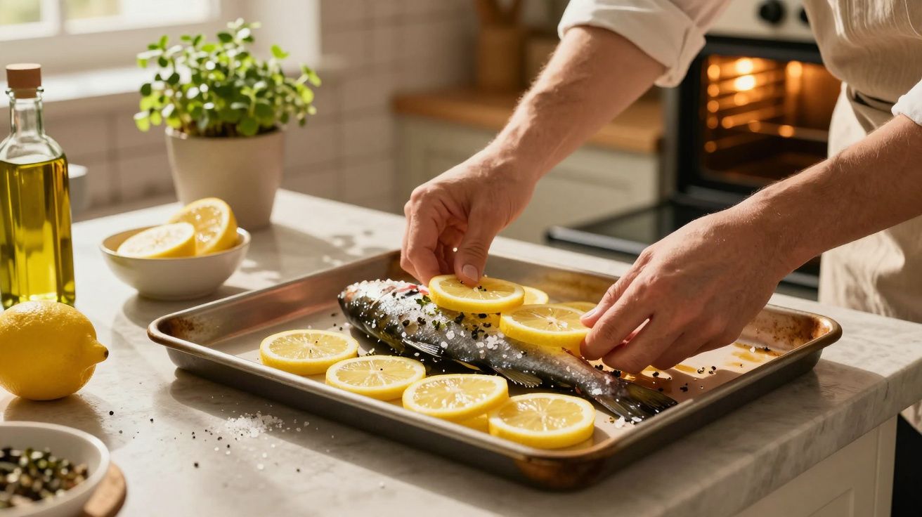 Pessoa a colocar fatias de limão sobre peixe numa tabuleiro para cozinhar no forno.