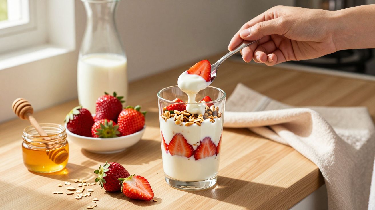 Taça com iogurte, morangos e granola sobre mesa de madeira com frascos de mel e leite ao fundo.