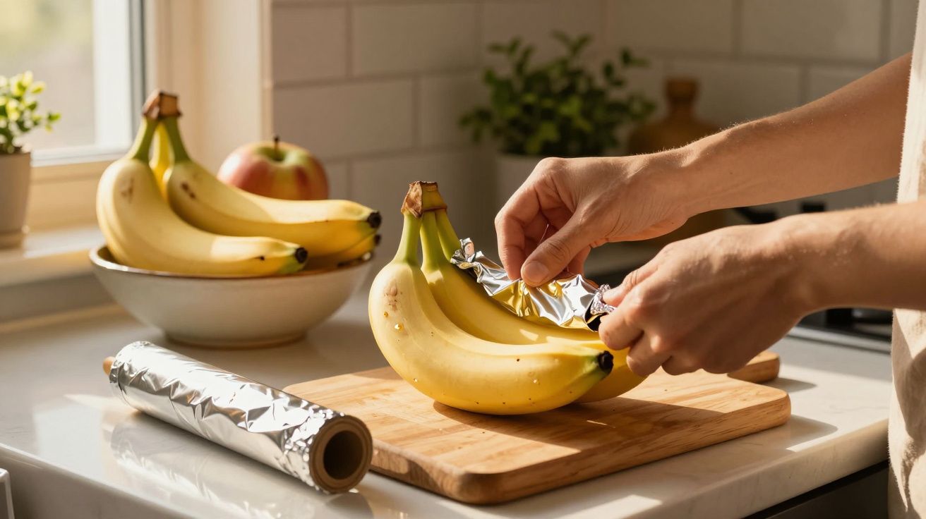 Mãos a envolver um cacho de bananas em folha de alumínio numa cozinha com mais frutas ao fundo.