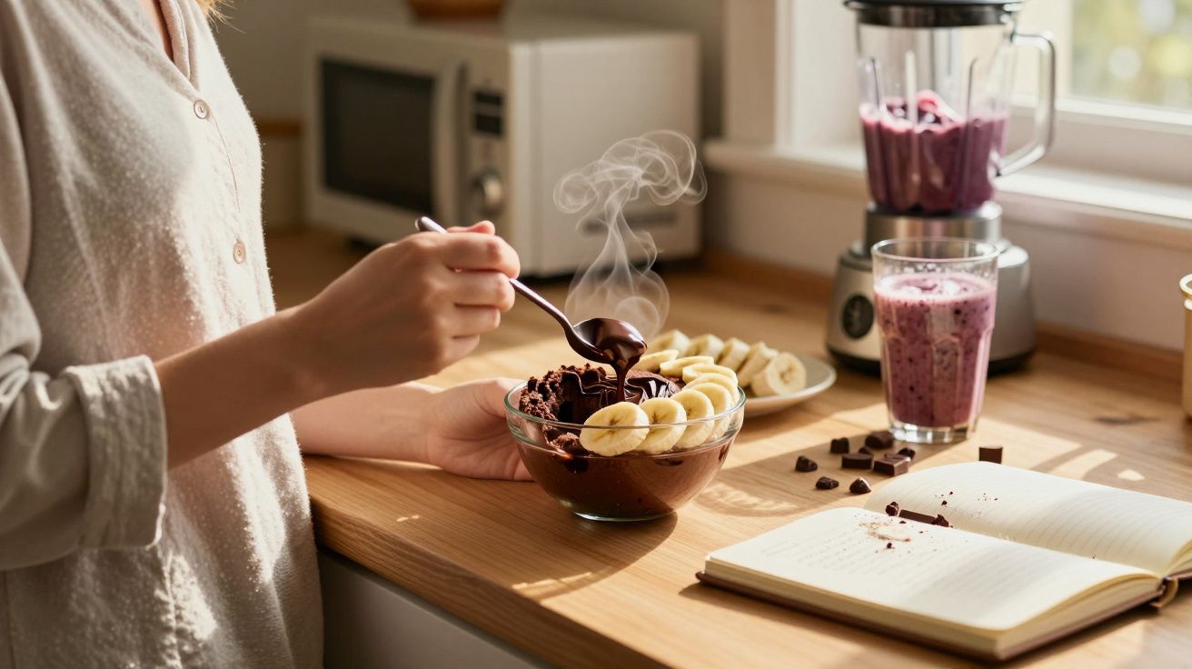 Pessoa a comer um creme de chocolate quente com rodelas de banana numa cozinha iluminada pela janela.