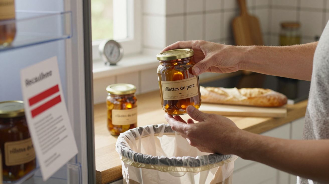 Pessoa a deitar um frasco de conservas rotulado "rillettes de porc" para o lixo numa cozinha moderna.