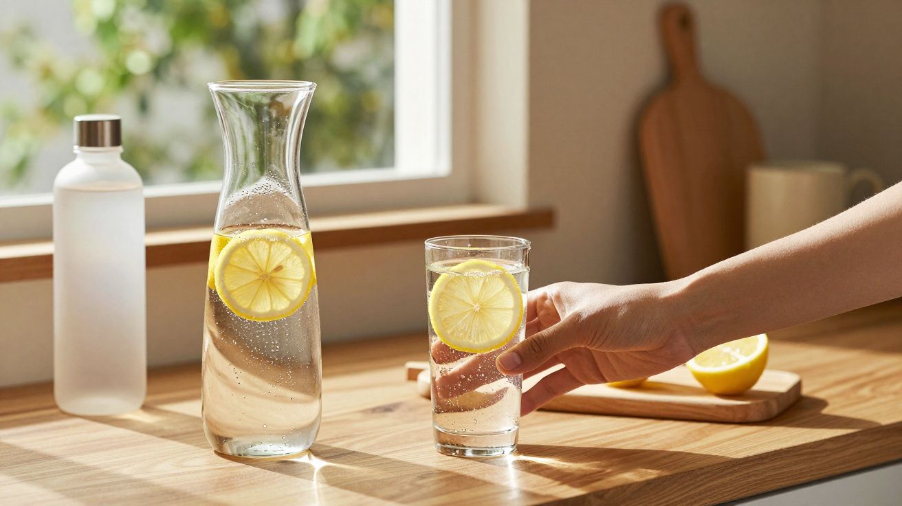 Carafe e copo de água com rodelas de limão numa bancada de cozinha junto à janela, mão a segurar o copo.