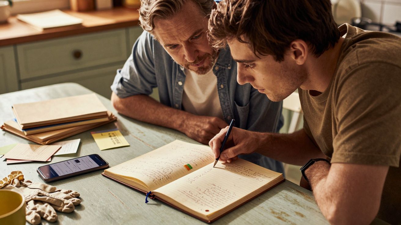 Homem mais velho ajuda jovem a escrever num caderno, sentados à mesa com livros e telemóvel por perto.