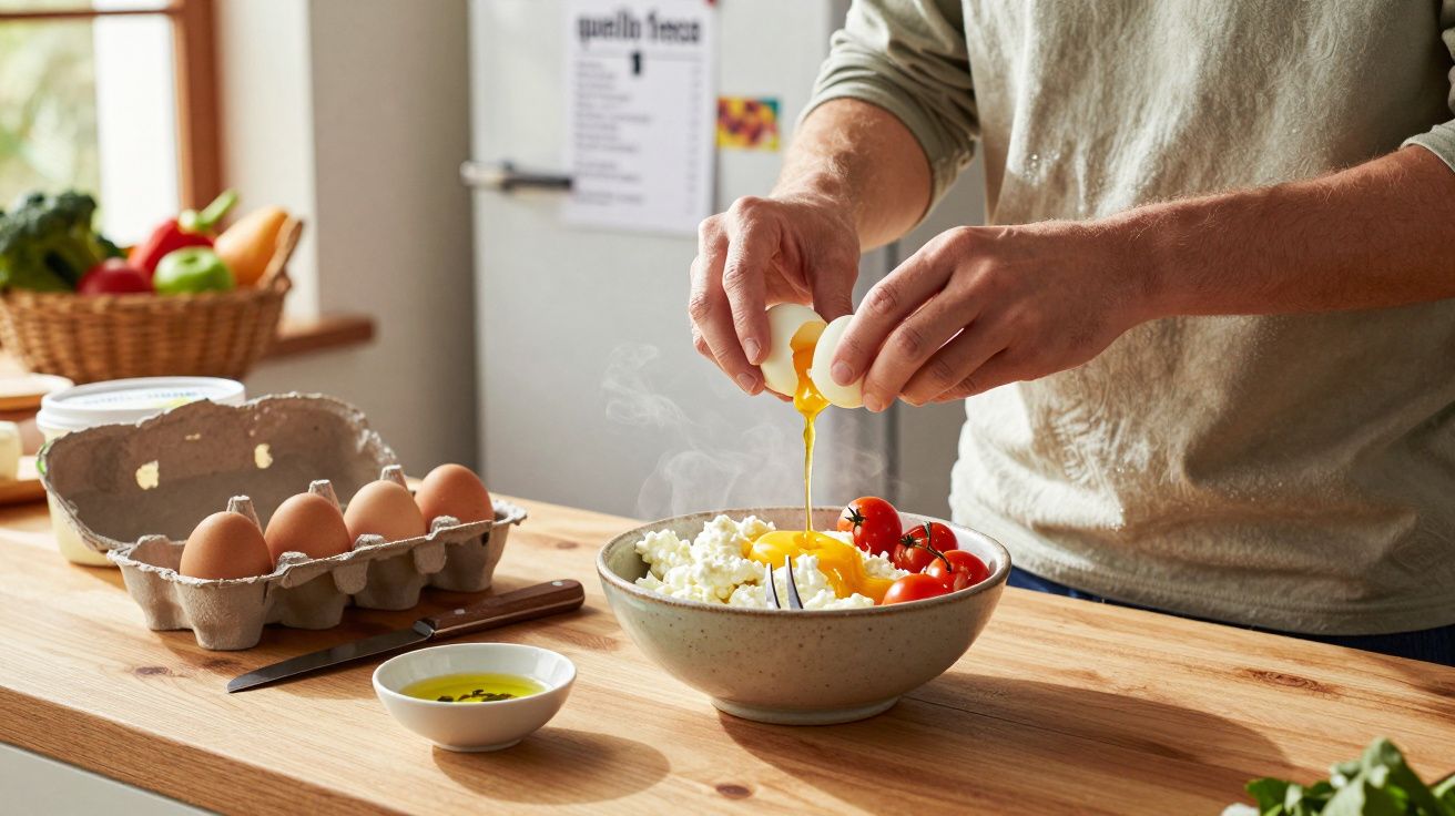 Mãos a partir um ovo sobre uma taça com queijo e tomate cereja numa cozinha com ovos e legumes na bancada.