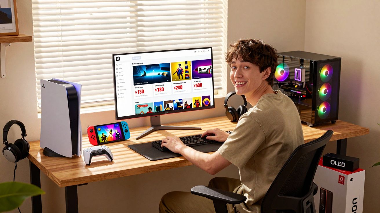 Jovem sentado numa cadeira a usar um teclado junto a um monitor e consola de videojogos num ambiente doméstico.