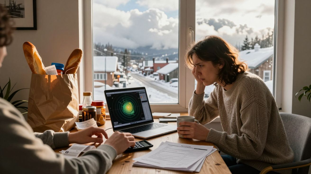 Duas pessoas analisam dados num computador portátil numa mesa perto de janela com vista de vila nevada.