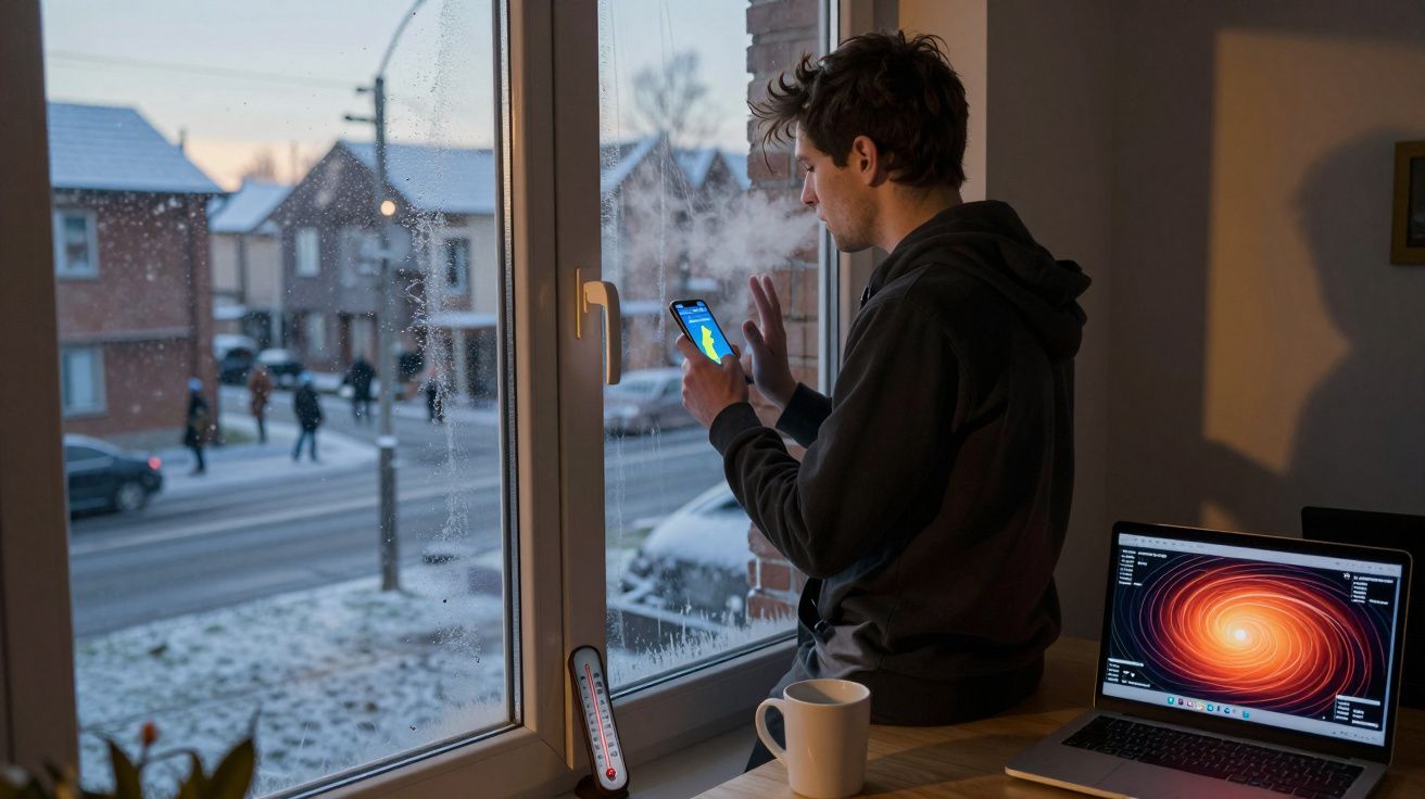 Homem sentado à janela com smartphone na mão enquanto fuma e observa o exterior com neve.