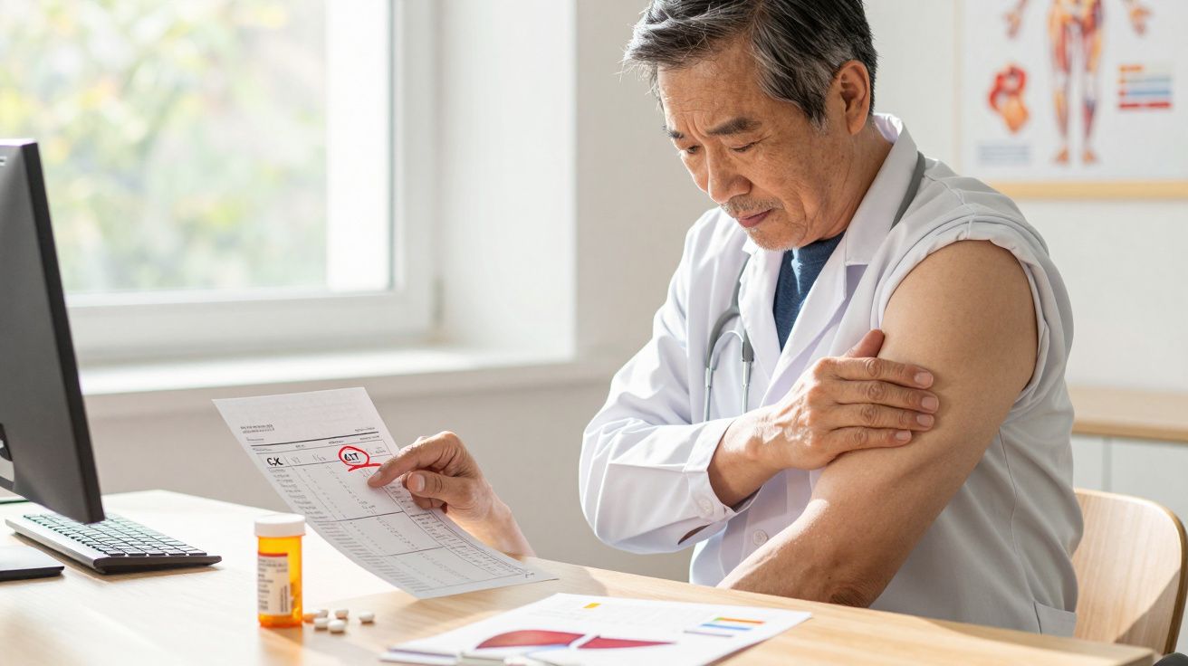 Médico a analisar resultados de exames enquanto segura o braço com a manga levantada no consultório.