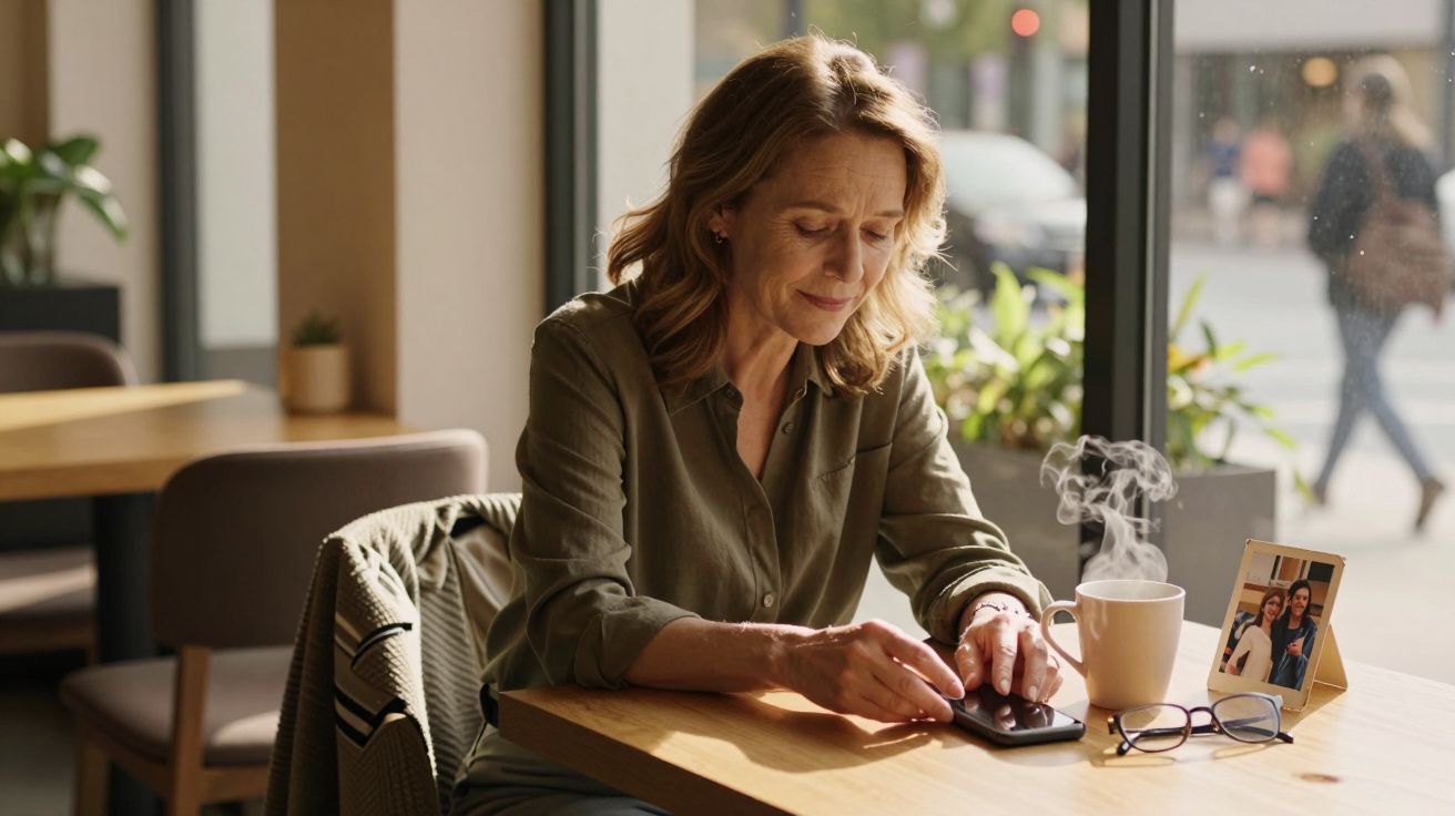 Mulher sentada numa cafetaria a olhar para o telemóvel com uma chávena quente e fotografia na mesa.