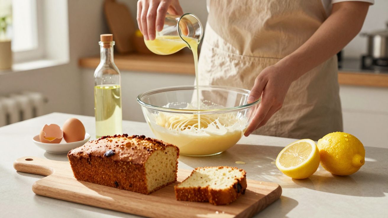 Pessoa a preparar mistura numa tigela com limões, ovos e pão de forma cortado numa bancada de cozinha.