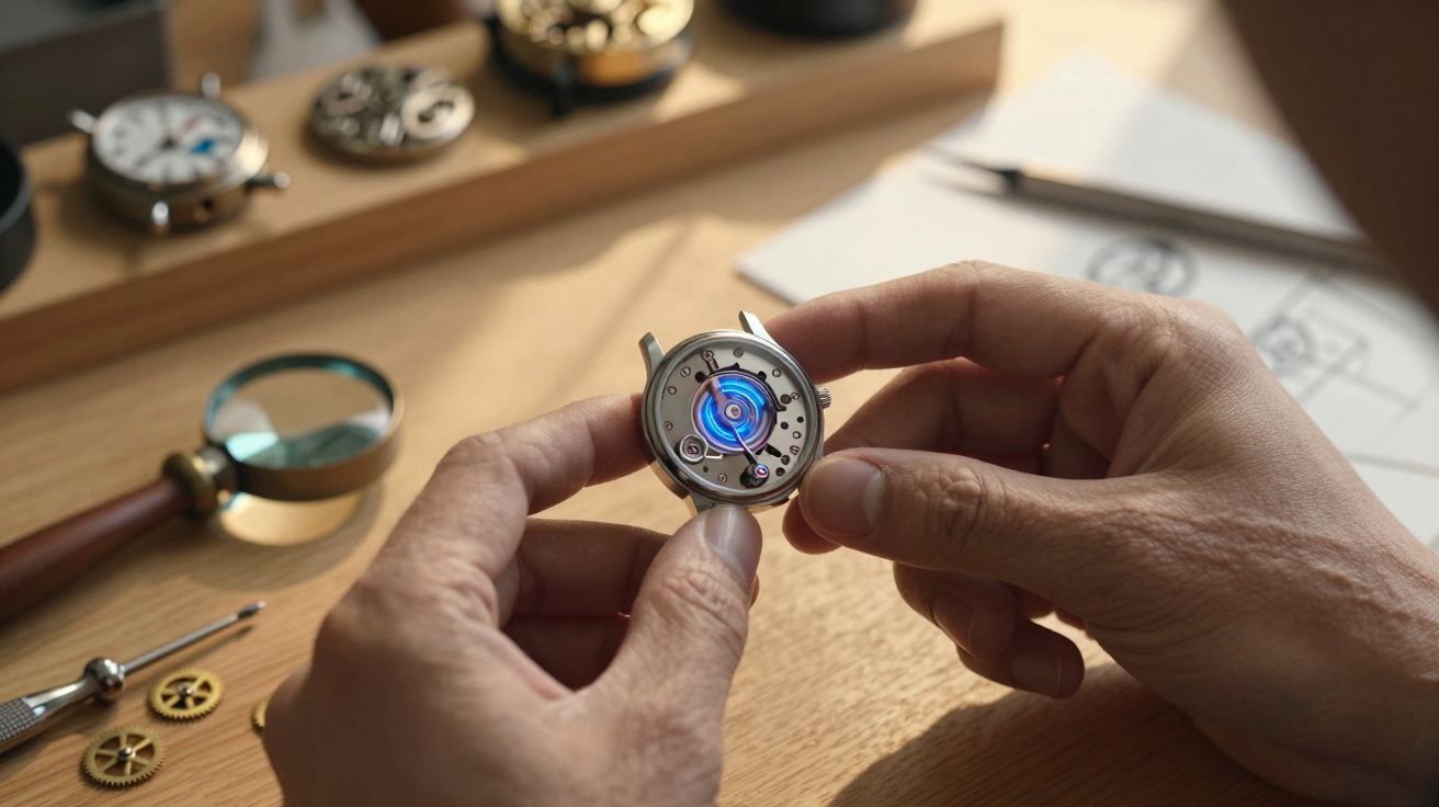 Mãos seguram mecanismo de relógio enquanto outras peças e ferramentas estão sobre uma mesa de madeira.