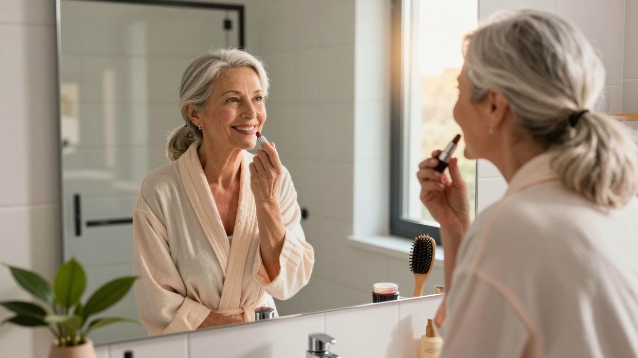 Mulher madura sorridente aplica batom em frente ao espelho numa casa de banho iluminada.