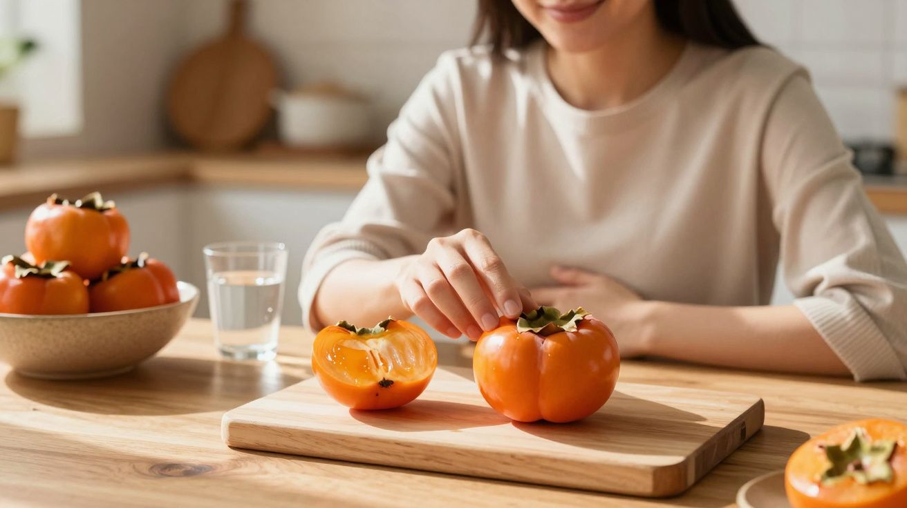 Mulher a tocar em caqui inteiro sobre tábua de madeira, com caquis cortados e bacia ao lado numa cozinha.