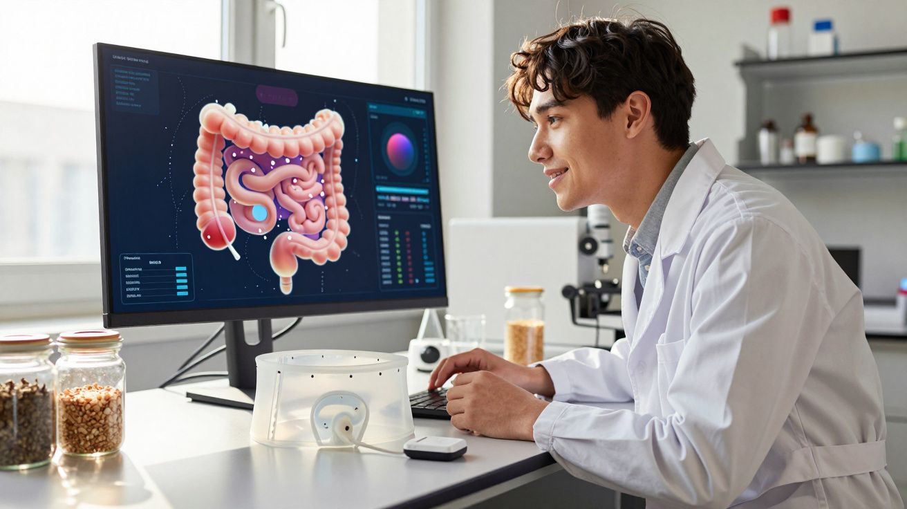 Homem cientista analisa modelo digital colorido do sistema digestivo num ecrã de computador num laboratório.