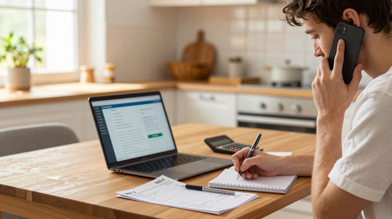 Homem a falar ao telemóvel enquanto escreve num bloco de notas, com portátil e documentos numa mesa de cozinha.