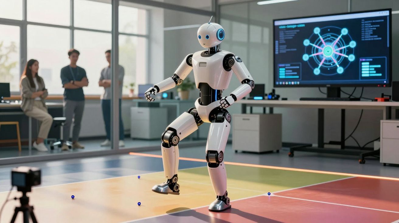 Robô humanoide em laboratório moderno com ecrã digital, pessoas ao fundo e câmaras em foco.