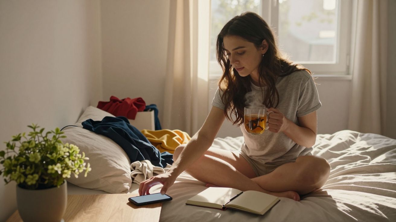Mulher sentada na cama com chá, a usar telemóvel e com um caderno aberto ao seu lado, luz natural.