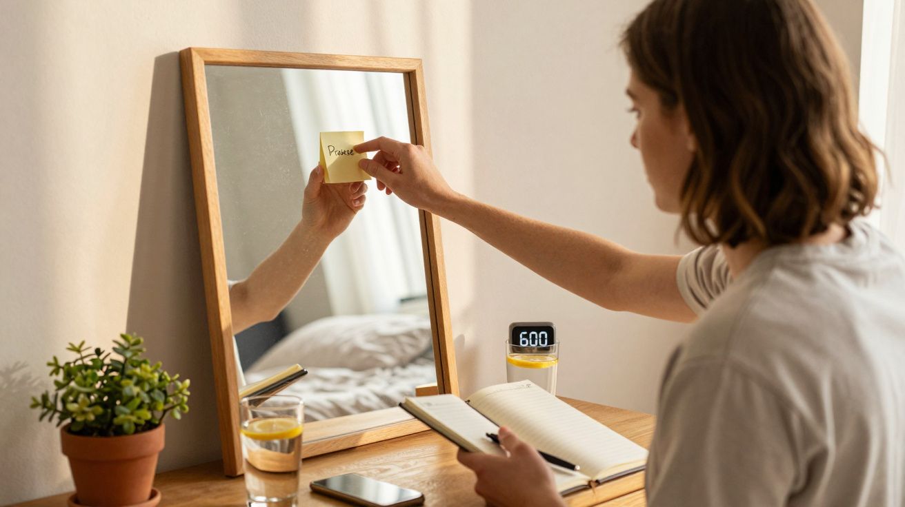 Pessoa a colar um post-it com a palavra "Positive" num espelho, junto de uma agenda e relógio digital.
