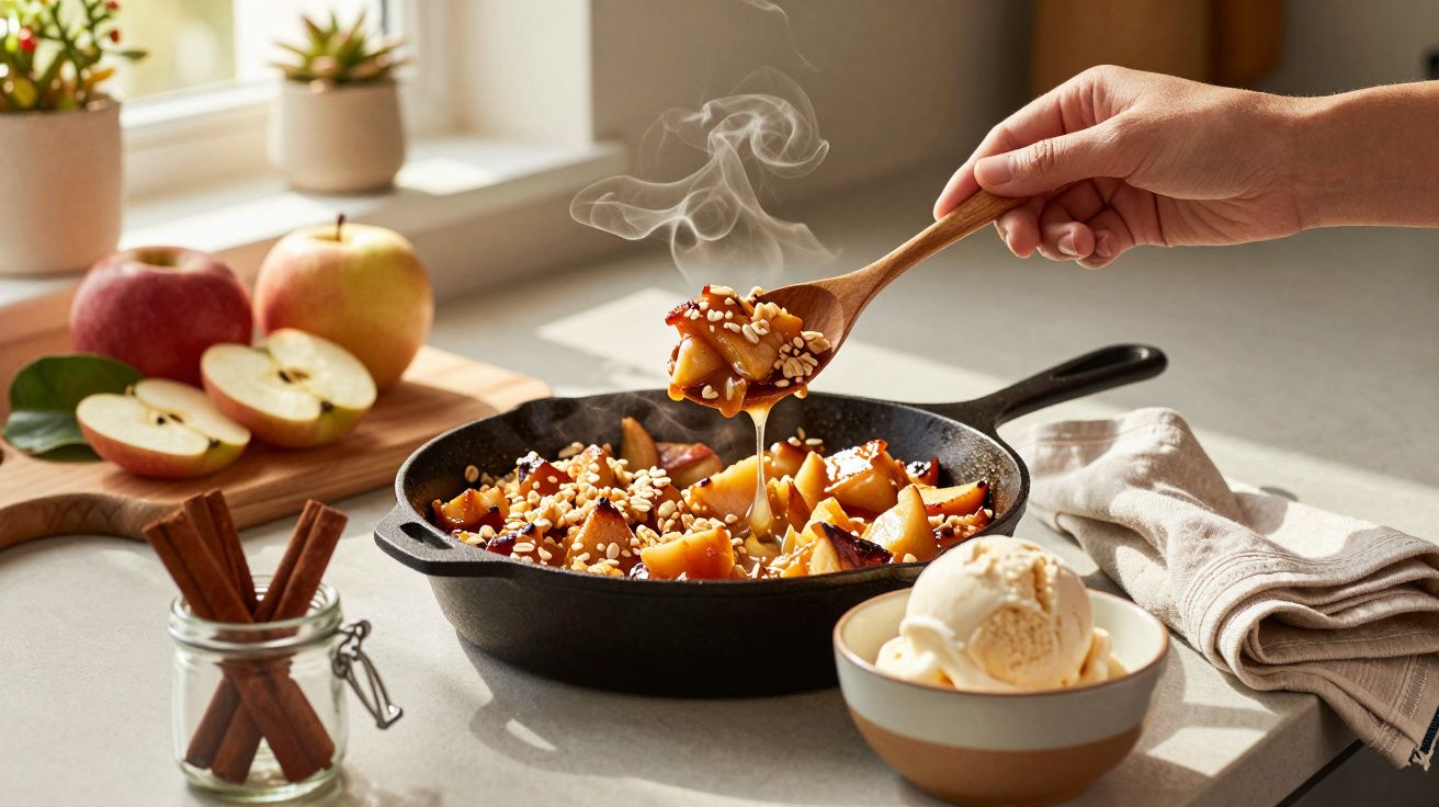 Tigela de ferro quente com maçãs caramelizadas cobertas com sementes e bola de gelado à parte.