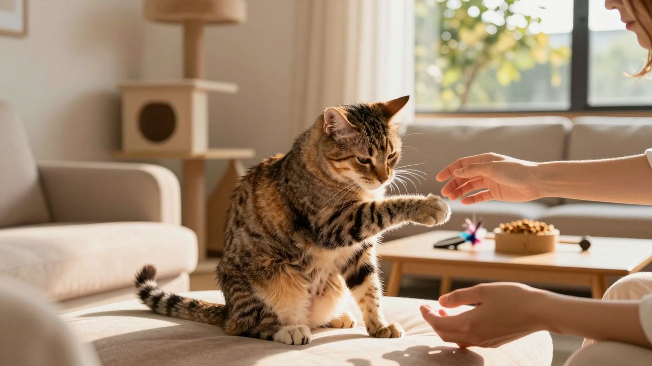Gato tigrado a dar a pata a uma pessoa sentada num sofá numa sala iluminada e acolhedora.