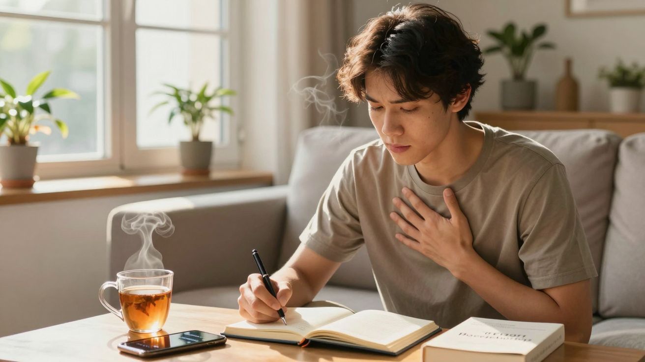 Jovem sentado no sofá a escrever num caderno, com chá quente e telemóvel na mesa à sua frente.