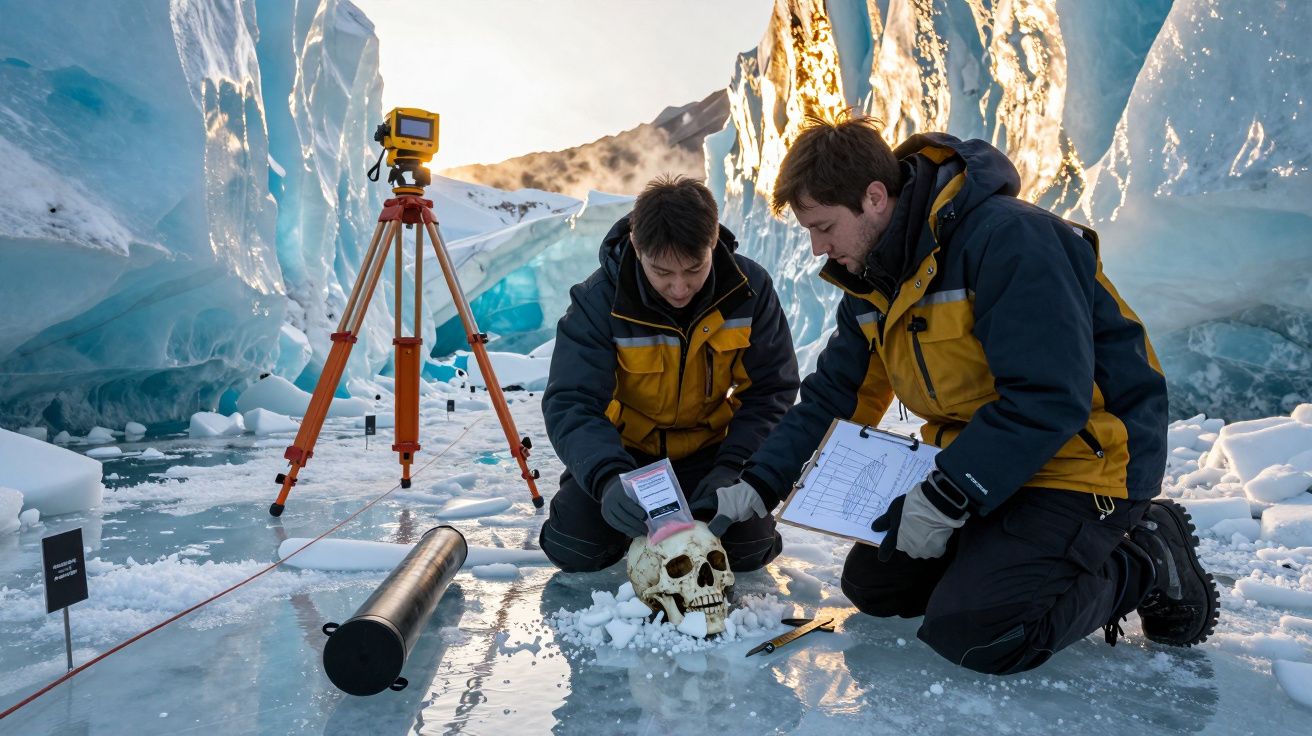 Dois cientistas analisam um crânio humano numa paisagem gelada com gelo azul e neve.